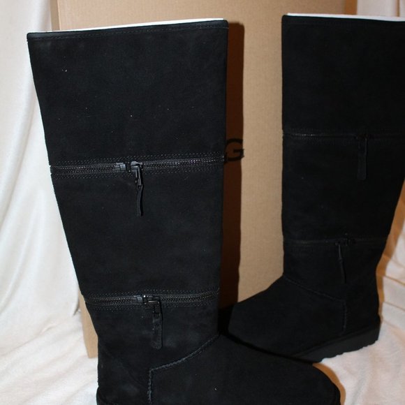 NIB UGG WOMEN'S ULTRA TALL SUEDE SHEARLING LINED ZIPPER ACCENT BOOTS BLACK - Picture 5 of 11